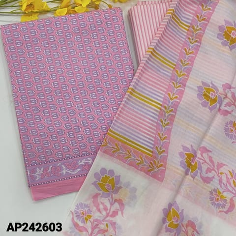 CODE AP242603  : Baby pink Printed pure soft cotton unstitched salwar material, printed all over(thin,lining needed)printed cotton bottom, printed soft cotton dupatta(REQUIRES TAPINGS).