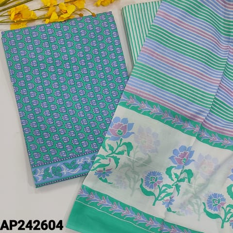 CODE AP242604 : Turquoise Green Printed pure soft cotton unstitched salwar material, printed all over(thin,lining needed)printed cotton bottom, printed soft cotton dupatta(REQUIRES TAPINGS).