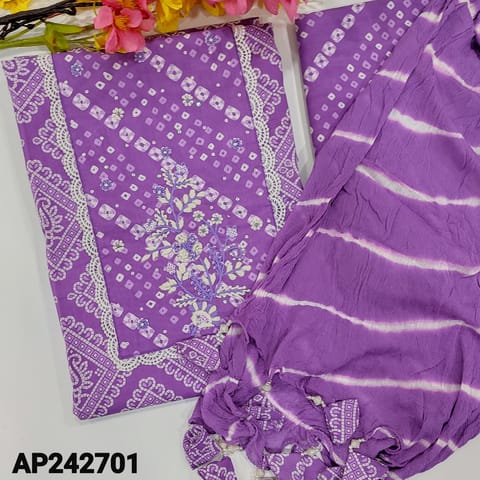 CODE AP242701 : Purple pure cotton designer unstitched salwar material,bandhini printed on yoke with thread and sequins(thin,lining optional)bandhini printed pure cotton bottom,original shibori dyed pure chiffon stole like dupatta with handmade tassels