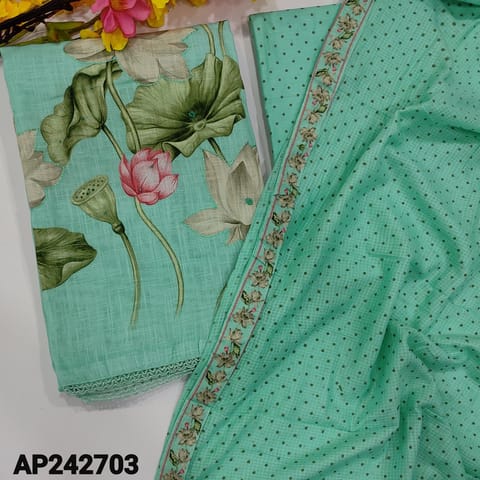CODE AP242703 : Designer pastel blue premium linen unstitched salwar material,printed  with thread and sugar bead highlights on front(thin,soft,textured,lining needed)printed soft cotton bottom,pure kota cotton printed dupatta with tapings.
