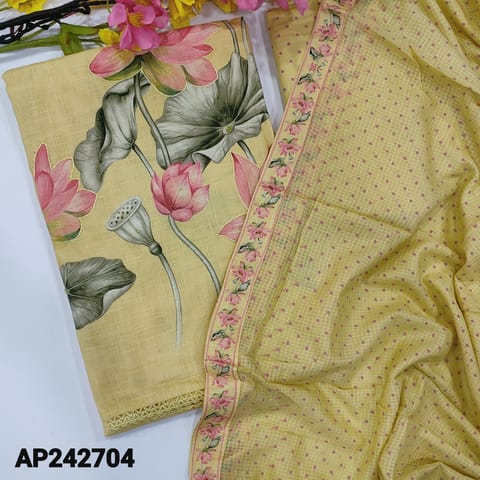 CODE AP242704 : Designer pastel yellow premium linen unstitched salwar material,printed  with thread and sugar bead highlights on front(thin,soft,textured,lining needed)printed soft cotton bottom,pure kota cotton printed dupatta with tapings.