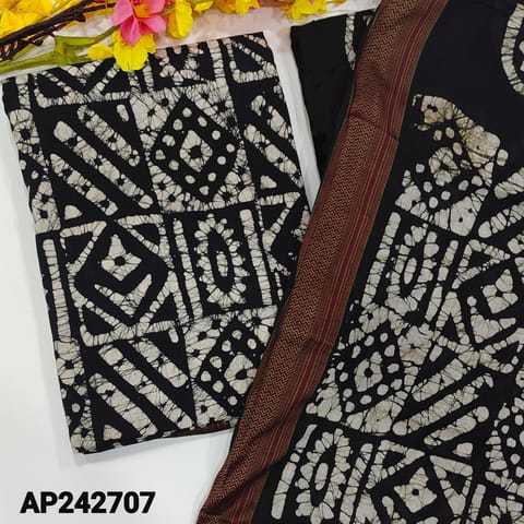 CODE AP242707 : Black original wax batik dyed cotton unstitched salwar material(thin,lining optional)thread woven borders,batik dyed pure cotton bottom,batik dyed pure mul cotton dupatta(TAPINGS NEEDED) (MISPRINTS ARE NOT CONSIDERED AS DEFECTS)