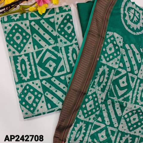 CODE AP242708 : Turquoise green original wax batik dyed cotton unstitched salwar material(thin,lining optional)thread woven borders,batik dyed pure cotton bottom,batik dyed pure mul cotton dupatta(TAPINGS NEEDED) (MISPRINTS ARE NOT CONSIDERED AS DEFECTS)