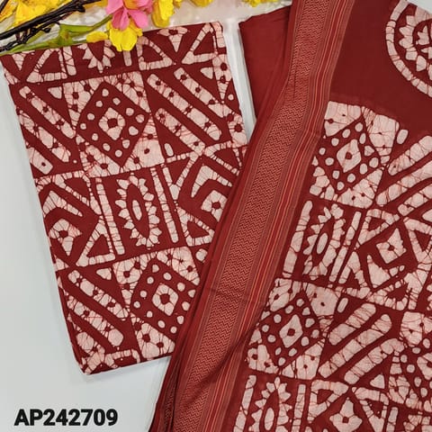 CODE AP242709 : Reddish Maroon original wax batik dyed cotton unstitched salwar material(thin,lining optional)thread woven borders,batik dyed pure cotton bottom,batik dyed pure mul cotton dupatta(TAPINGS NEEDED) (MISPRINTS ARE NOT CONSIDERED AS DEFECTS)
