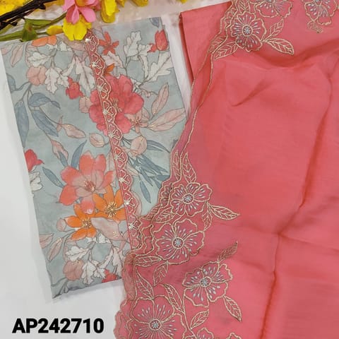 CODE AP242710 : Light Grey modal masleen unstitched salwar material,organza patch with zari and sequins work on yoke,floral printed all over(lining optional)bright pink santoon bottom,pure organza designer dupatta with thread,zari and cutwork.