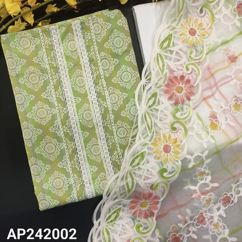 CODE AP242002 : Green shaded cotton unstitched salwar material, lace work on yoke, printed all over(lining optional)piping on daman, white cotton bottom, embroidered fancy organza dupatta with cut work edges.
