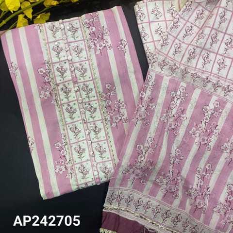CODE AP242705 : Light purplish pink premium cotton unstitched salwar material, sequins,faux mirror,potli buttons and cut bead work on yoke,printed all over(thin,lining needed)printed cotton bottom,crinckled soft mul cotton printed dupatta(TAPINGS NEEDED).
