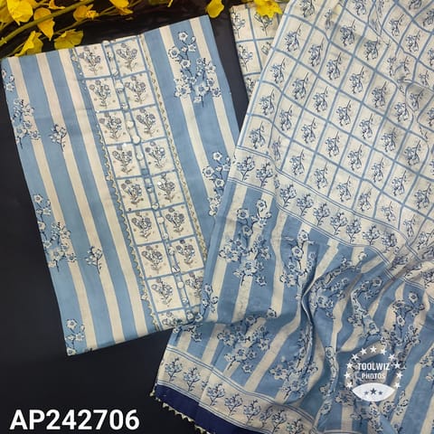 CODE AP242706 : Powder blue premium cotton unstitched salwar material, sequins,faux mirror,potli buttons and cut bead work on yoke,printed all over(thin,lining needed)printed cotton bottom,crinckled soft mul cotton printed dupatta(TAPINGS NEEDED).