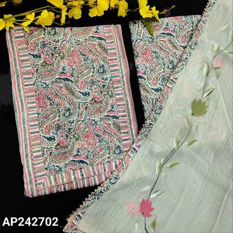 CODE AP242702 : Multicolored Premium soft cotton printed unstitched salwar material,thread,sugarbead and zardozi work on yoke(lining needed)printed pure cotton bottom,premium chiffon brush painted dupatta with tapings.
