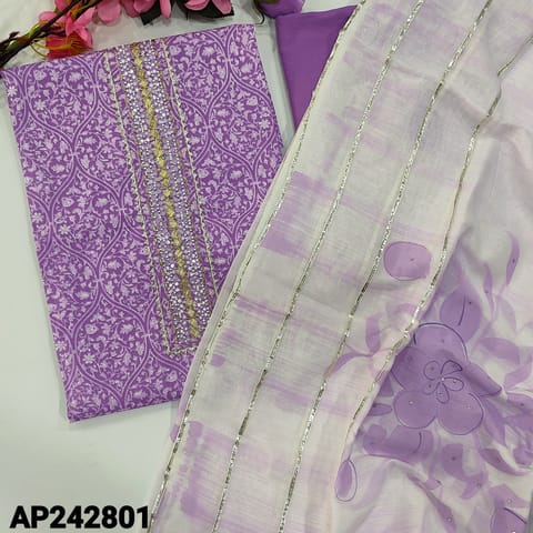CODE AP242801 : Designer dark purple pure cotton unstitched salwar material, heavy work on yoke, printed all over(lining optional)lace work on daman, matching drum dyed pure soft cotton bottom, pure mul cotton dupatta with brush paint & kota lace work.