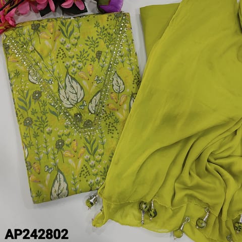 CODE AP242802 : Bright tender leaf green premium cotton unstitched salwar material, v neck with bead& faux mirror work, sequins work on front(lining optional)printed all over, matching pure cotton bottom, premium chiffon dupatta with tassels.