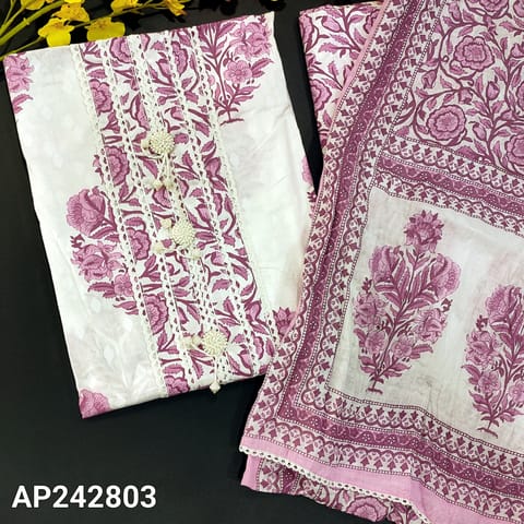 CODE AP242803 : White pure soft cotton unstitched salwar material, fancy buttons& lace work on yoke, floral printed all over(thin, lining needed)lace work on daman, printed cotton bottom, printed crinkled soft cotton dupatta with lace tapings.