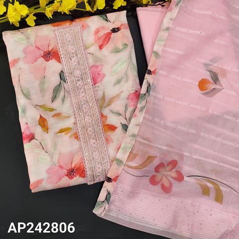 CODE AP242806 : Pastel pink semi linen unstitched salwar material, thread& sequins work on yoke, floral printed all over(thin, lining needed)lace work on daman, matching fabric for bottom, brush painted premium super net dupatta with tapings.