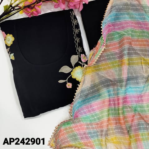 CODE AP242901 : PRE ORDER SHIPPING ON 4TH MAY Black pure organza unstitched salwar material, embroidered work on front(thin, lining needed)cut work edges on daman, matching santoon bottom, multi color pure chiffon dupatta with kota lace tapings.