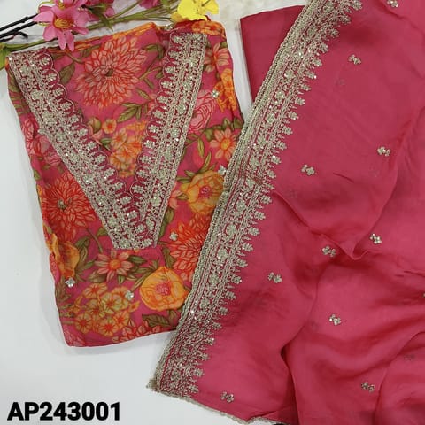 CODE AP243001 : Designer pink pure organza unstitched salwar material, V neck with heavy zari, sequins &cut work, floral printed all over(thin, lining needed)matching santoon bottom, pure organza dupatta with rich zari & sequins borders.