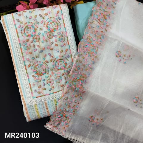 CODE MY240103 : Pastel blue crushed cotton unstitched salwar material, thread embroidery& lace work on yoke(lining optional)tasseled tapings on daman,matching cotton bottom, soft silk cotton dupatta with embroidered &cut work edges.