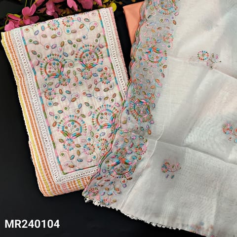 CODE MY240104 : Pastel peach crushed cotton unstitched salwar material, thread embroidery& lace work on yoke(lining optional)tasseled tapings on daman,matching cotton bottom, soft silk cotton dupatta with embroidered &cut work edges.