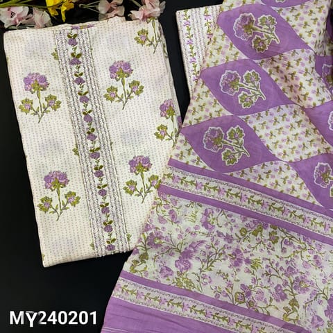 CODE MY240201 : Half white base premium cotton unstitched salwar material, heavy work on yoke, floral printed all over(lining needed)kota lace work on daman, printed cotton bottom crinkled pure mul cotton dupatta with kota lace tapings.