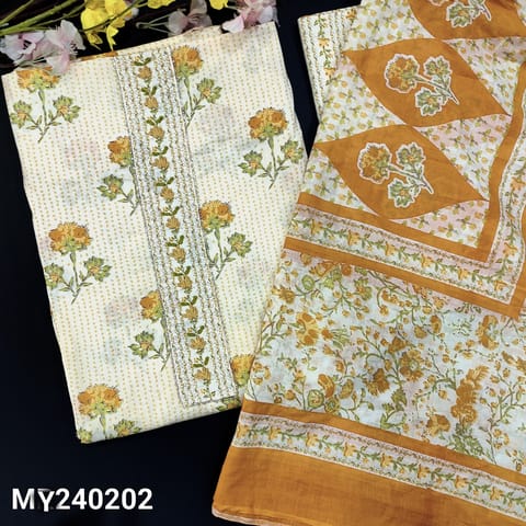 CODE MY240202 : Half white base premium cotton unstitched salwar material, heavy work on yoke, floral printed all over(lining needed)kota lace work on daman, printed cotton bottom crinkled pure mul cotton dupatta with kota lace tapings.