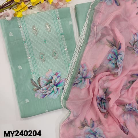 CODE MY240204 : Designer Pastel blue handloom cotton unstitched salwar material, jamdani weaving pattern with real mirror work on yoke(soft, lining needed)rich daman,matching santoon bottom, floral printed pure chiffon dupatta with lace tapings.