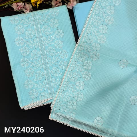 CODE MY240206 : Pastel blue kota cotton unstitched salwar material, cross stitch embroidered &sequins work on front(thin, lining needed)lace work on daman, matching cotton bottom, cross stitch embroidered kota cotton dupatta with lace tapings.