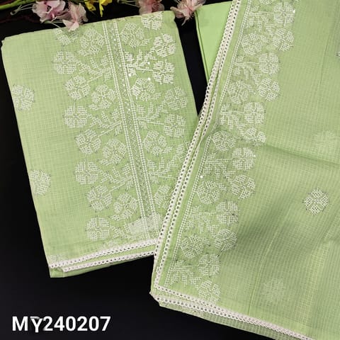CODE MY240207 : Pastel green kota cotton unstitched salwar material, cross stitch embroidered &sequins work on front(thin, lining needed)lace work on daman, matching cotton bottom, cross stitch embroidered kota cotton dupatta with lace tapings.