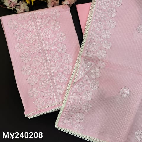 CODE MY240208 : Pastel pink kota cotton unstitched salwar material, cross stitch embroidered &sequins work on front(thin, lining needed)lace work on daman, matching cotton bottom, cross stitch embroidered kota cotton dupatta with lace tapings.