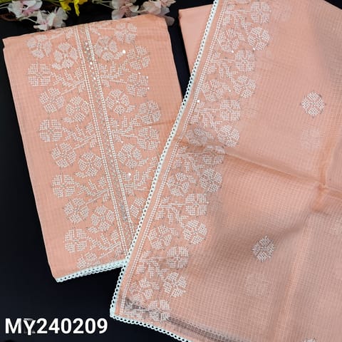 CODE MY240209 : Peachish pink kota cotton unstitched salwar material, cross stitch embroidered &sequins work on front(thin, lining needed)lace work on daman, matching cotton bottom, cross stitch embroidered kota cotton dupatta with lace tapings.