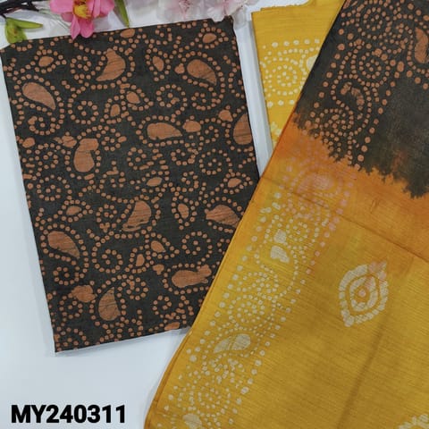 CODE MY240311 : Dark grey bagal puri textured jute silk cotton unstitched salwar material, batik design all over(lining optional) contrast yellow cotton bottom, dual shaded dupatta with hand made tassels.
