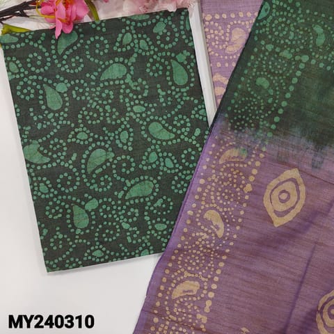 CODE MY240310 : Dark green bagal puri textured jute silk cotton unstitched salwar material, batik design all over(lining optional) contrast lavender cotton bottom, dual shaded dupatta with hand made tassels.