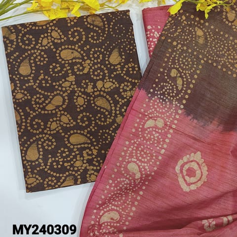 CODE MY240309 : Dark brown bagal puri textured jute silk cotton unstitched salwar material, batik design all over(lining optional) contrast pink cotton bottom, dual shaded dupatta with hand made tassels.