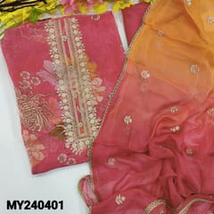 CODE MY240401 : Designer pink pure organza unstitched salwar material, thread, sequins& pearl bead buttons on yoke, floral printed all over(thin, lining needed)matching santoon bottom, dual shaded chiffon dupatta with lace tapings.