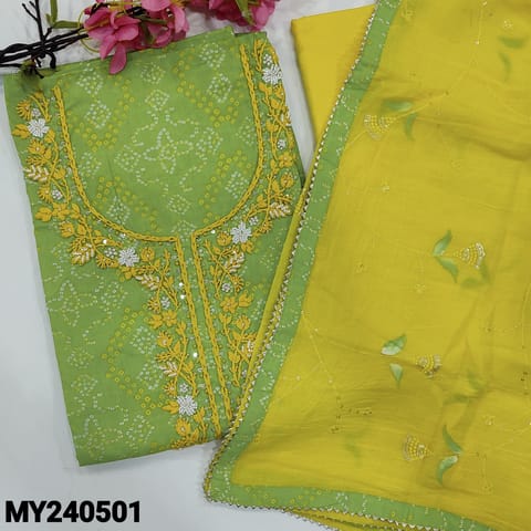 CODE MY240501 : Designer light green premium cotton unstitched salwar material, rich work on yoke, bandhini printed all over(lining optional)kota lace work on daman, yellow pure drum dyed thin cotton bottom, brush painted mul cotton dupatta with tapings.