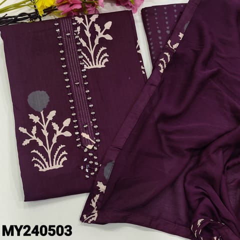 CODE MY240503 : Dark beetroot purple pure soft cotton unstitched salwar material, real mirror work on yoke(lining optional)printed all over, kota lace work on daman, matching printed bottom, chiffon dupatta with printed tapings.