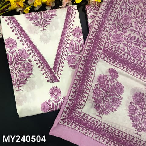 CODE MY240504 : White pure cotton unstitched salwar material, printed v neck, block printed all over(thin, lining needed)printed cotton bottom, pure printed cotton dupatta with tapings.
