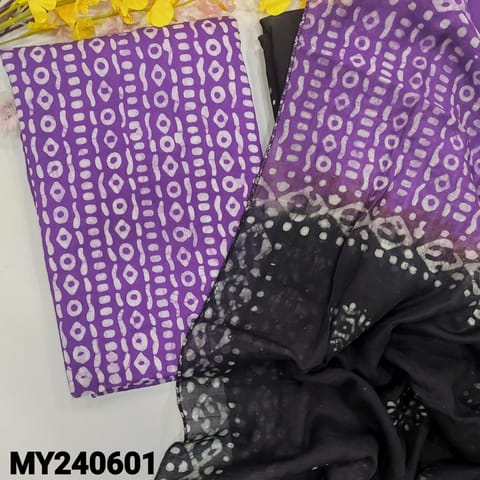CODE MY240601 : Violet silk cotton unstitched salwar material, original wax batik all over(thin, lining needed)black original wax batik cotton bottom, dual shaded soft silk cotton dupatta with sequins work.