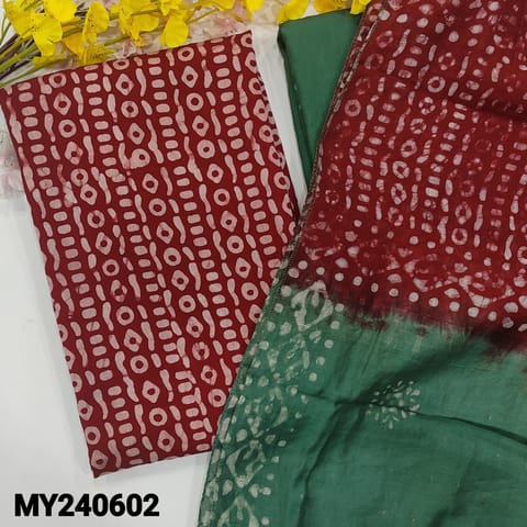 CODE MY240602 : Reddish maroon silk cotton unstitched salwar material, original wax batik all over(thin, lining needed)Green original wax batik cotton bottom, dual shaded soft silk cotton dupatta with sequins work.