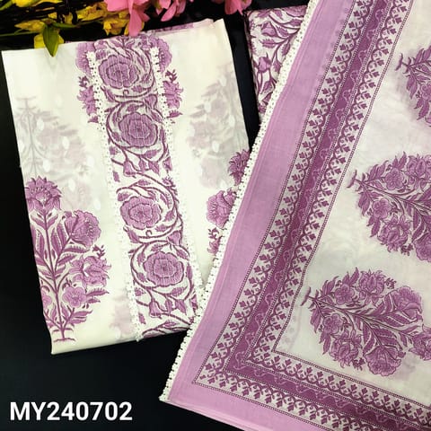 CODE MY240702 : White base premium cotton unstitched salwar material, lace work on yoke, printed all over(thin, lining needed)fancy lace work on daman, printed pure cotton bottom, printed pure mul cotton dupatta with lace tapings.