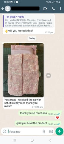 Yesterday li received the salwar set. it's really nice thank you mam- Reviewed on  8 MAY-2024