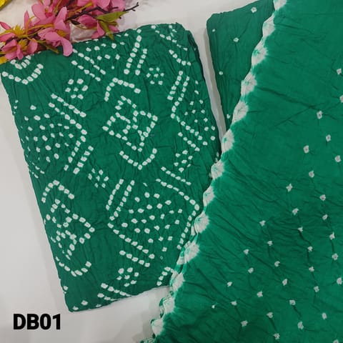 CODE DB01 : Turquoise green pure cotton unstitched salwar material, original bandhini work all over (lining needed)matching original bandhini pure cotton bottom, bandhini dupatta with cut work edges