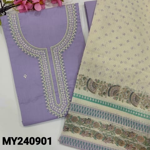 CODE MY240901 : Lavender blue slub cotton unstitched salwar material embroidery &sequins work on yoke(thin, lining needed)lining provided, NO BOTTOM, printed kota silk cotton dupatta with tapings.