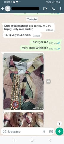 Mam dress material is received, im very happy, really nice quality tq tq very much mam - Reviewed on 7 MAY-2024