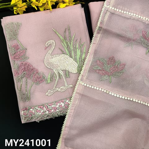 CODE MY241001 : Pastel pink kota silk cotton unstitched salwar material, embroidered on yoke(thin, lining needed)rich work on daman, matching spun cotton bottom, kota dupatta with embroidered& lace tapings.
