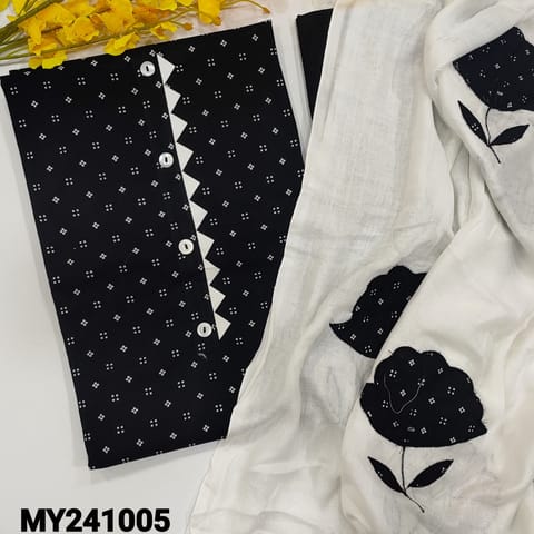 CODE MY241005 : Black premium cotton unstitched salwar material, fancy yoke, printed all over(lining optional)matchig cotton bottom, slub cotton dupatta with real mirror, applique work and tpings.
