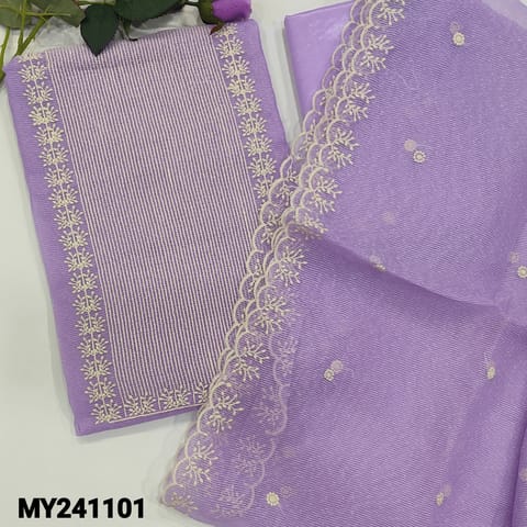 CODE MY241101 : Lavender noil unstitched salwar material, thread work on yoke(netted fabric, lining needed) matching silky bottom, embroidered noil fabric dupatta with cut work edges.
