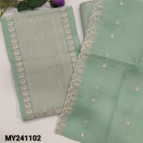 CODE MY241102 : Pastel green noil unstitched salwar material, thread work on yoke(netted fabric, lining needed) matching silky bottom, embroidered noil fabric dupatta with cut work edges.
