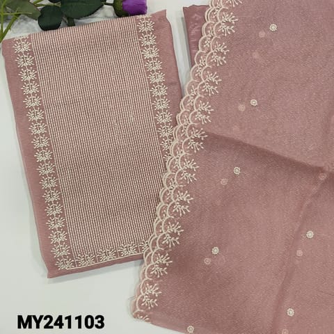 CODE MY241103 : Pastel pink noil unstitched salwar material, thread work on yoke(netted fabric, lining needed) matching silky bottom, embroidered noil fabric dupatta with cut work edges.