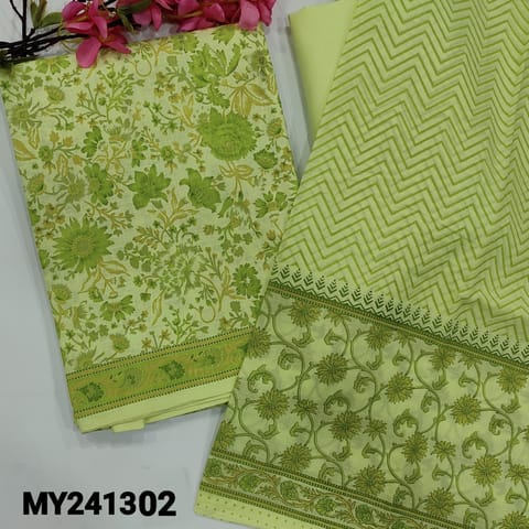 CODE MY241302 : Light green textured slub cotton unstitched salwar material, floral printed all over(thin fabric, lining needed)matching pure soft cotton lining provided, NO BOTTOM, printed pure cotton dupatta (REQUIRES TAPIGNS).