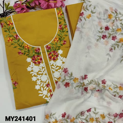 CODE MY241401 : Mehandhi yellow rayon unstitched salwar material, rich embroidery on yoke(lining optional)lace work on daman, matching bottom, block painted chiffon dupatta with lace tapings.