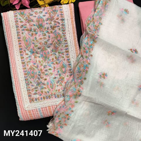 CODE MY241407 : Multi color crushed cotton unstitched salwar material, thread embroidery& lace work on yoke(lining optional)tasseled tapings on daman, pink  cotton bottom, fancy silk cotton dupatta with embroidered &cut work edges.